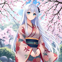 A full-body anime-style character design of a 23-year-old Japanese girl with long white hair and bright light blue eyes