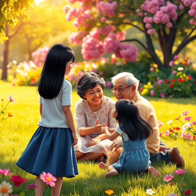 A colorful and whimsical scene featuring fictional characters: a straight black-haired teenage girl standing in the background with her back to the viewer, joyfully watching a grandmother and grandfather with straight black hair