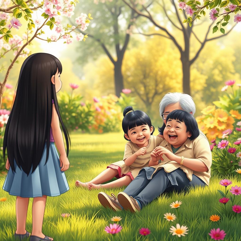 A colorful and whimsical scene featuring fictional characters: a straight black-haired teenage girl standing in the background with her back to the viewer, joyfully watching a grandmother and grandfather with straight black hair