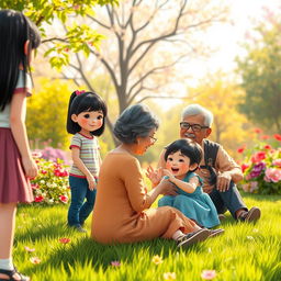 A colorful and whimsical scene featuring fictional characters: a straight black-haired teenage girl standing in the background with her back to the viewer, joyfully watching a grandmother and grandfather with straight black hair