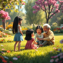 A colorful and whimsical scene featuring fictional characters: a straight black-haired teenage girl standing in the background with her back to the viewer, joyfully watching a grandmother and grandfather with straight black hair