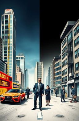 A thought-provoking book cover illustrating the stark contrast between wealth and poverty