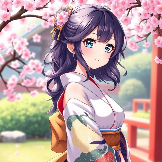 A full-body portrait of a 23-year-old Japanese anime girl with wavy hair and bright light blue eyes