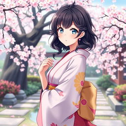 A full-body portrait of a 23-year-old Japanese anime girl with wavy hair and bright light blue eyes