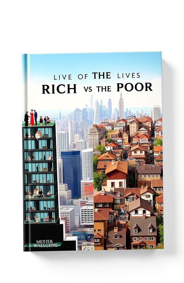 A visually striking book cover that contrasts the lives of the rich and the poor, portraying a bustling cityscape