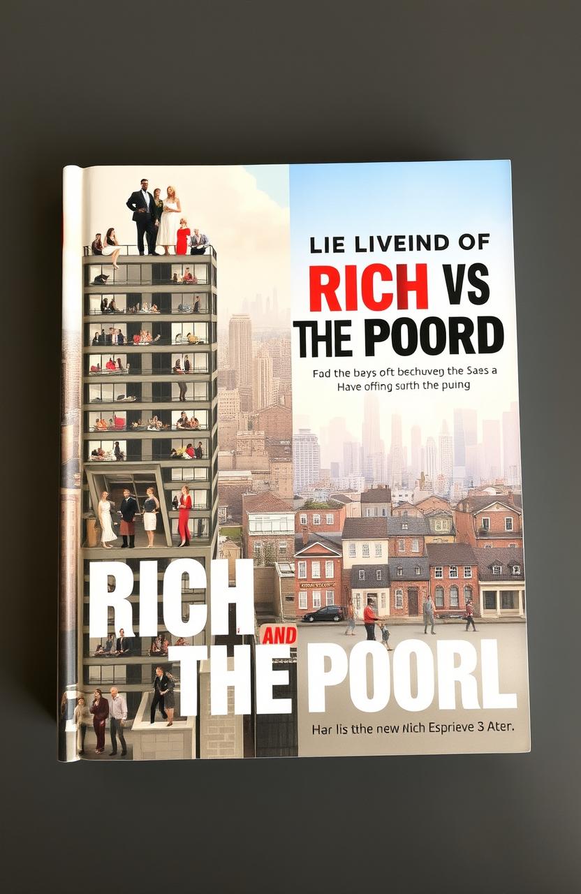 A visually striking book cover that contrasts the lives of the rich and the poor, portraying a bustling cityscape