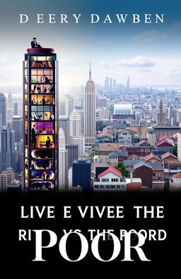 A visually striking book cover that contrasts the lives of the rich and the poor, portraying a bustling cityscape