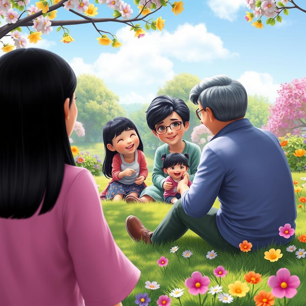 A vibrant and imaginative scene featuring fictional characters: a straight black-haired woman seen from the back, joyfully observing a grandmother and grandfather with straight black hair