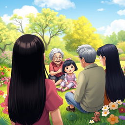 A vibrant and imaginative scene featuring fictional characters: a straight black-haired woman seen from the back, joyfully observing a grandmother and grandfather with straight black hair