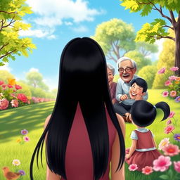 A vibrant and imaginative scene featuring fictional characters: a straight black-haired woman seen from the back, joyfully observing a grandmother and grandfather with straight black hair