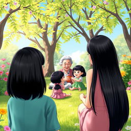 A vibrant and imaginative scene featuring fictional characters: a straight black-haired woman seen from the back, joyfully observing a grandmother and grandfather with straight black hair