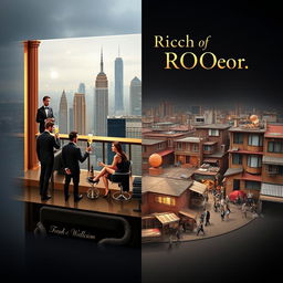 A captivating book cover that emphasizes the stark contrast between the rich and the poor, set against a professional backdrop of a city skyline