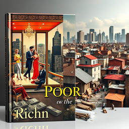 A captivating book cover that emphasizes the stark contrast between the rich and the poor, set against a professional backdrop of a city skyline