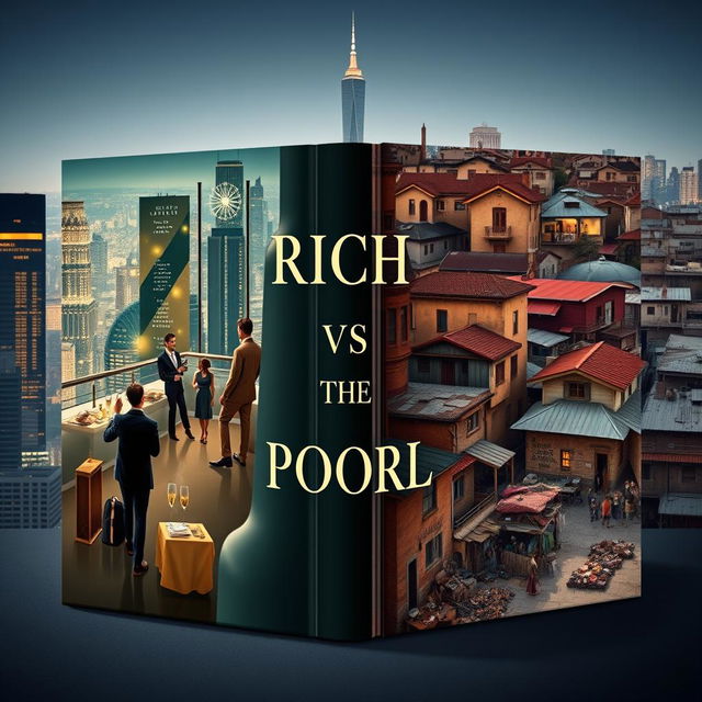 A captivating book cover that emphasizes the stark contrast between the rich and the poor, set against a professional backdrop of a city skyline