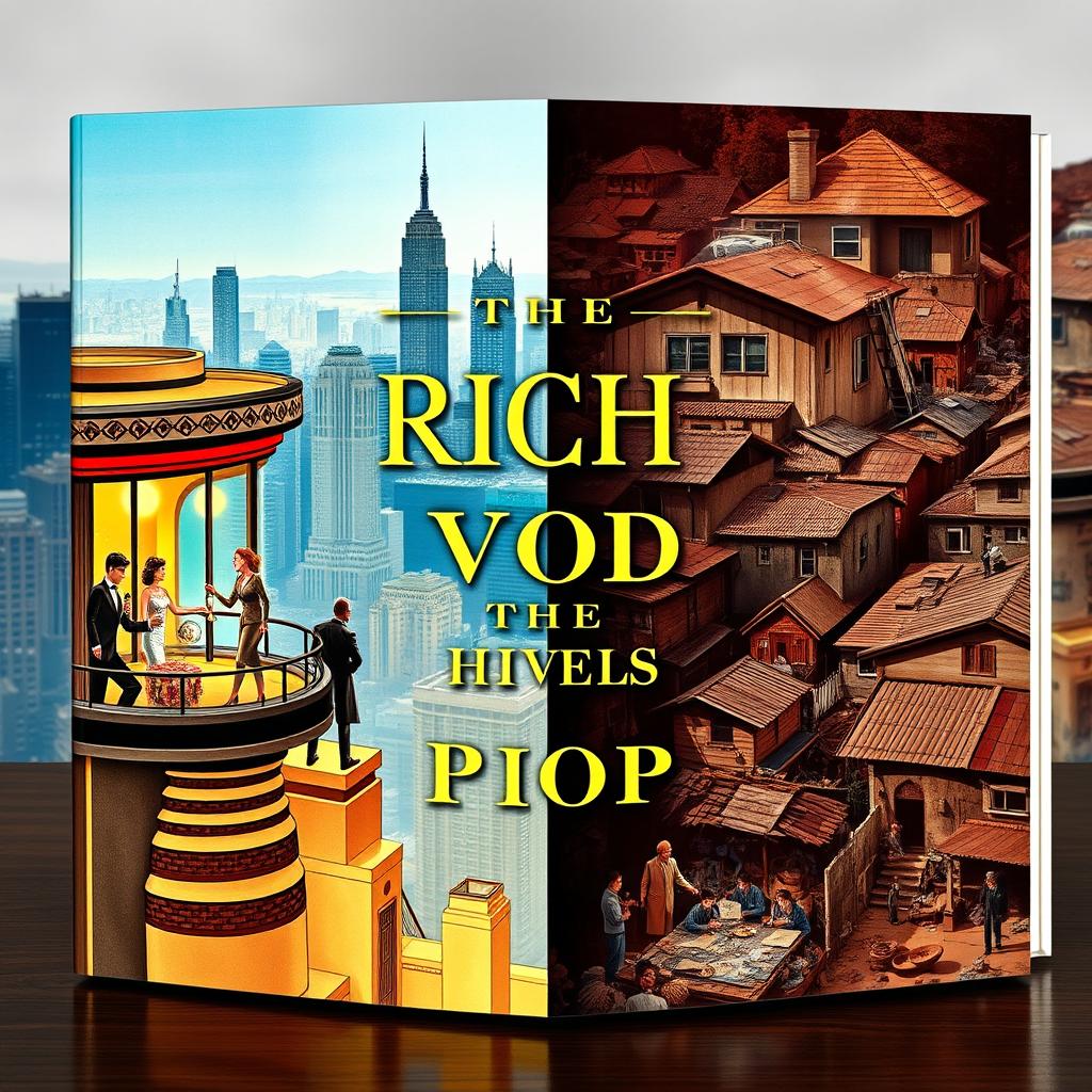 A captivating book cover that emphasizes the stark contrast between the rich and the poor, set against a professional backdrop of a city skyline