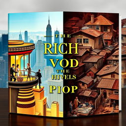 A captivating book cover that emphasizes the stark contrast between the rich and the poor, set against a professional backdrop of a city skyline