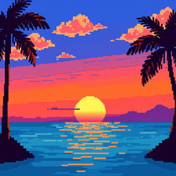 A vibrant pixel art depiction of a sunset, showcasing warm hues of orange, pink, and purple blending into a deep blue sky