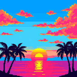 A vibrant pixel art depiction of a sunset, showcasing warm hues of orange, pink, and purple blending into a deep blue sky