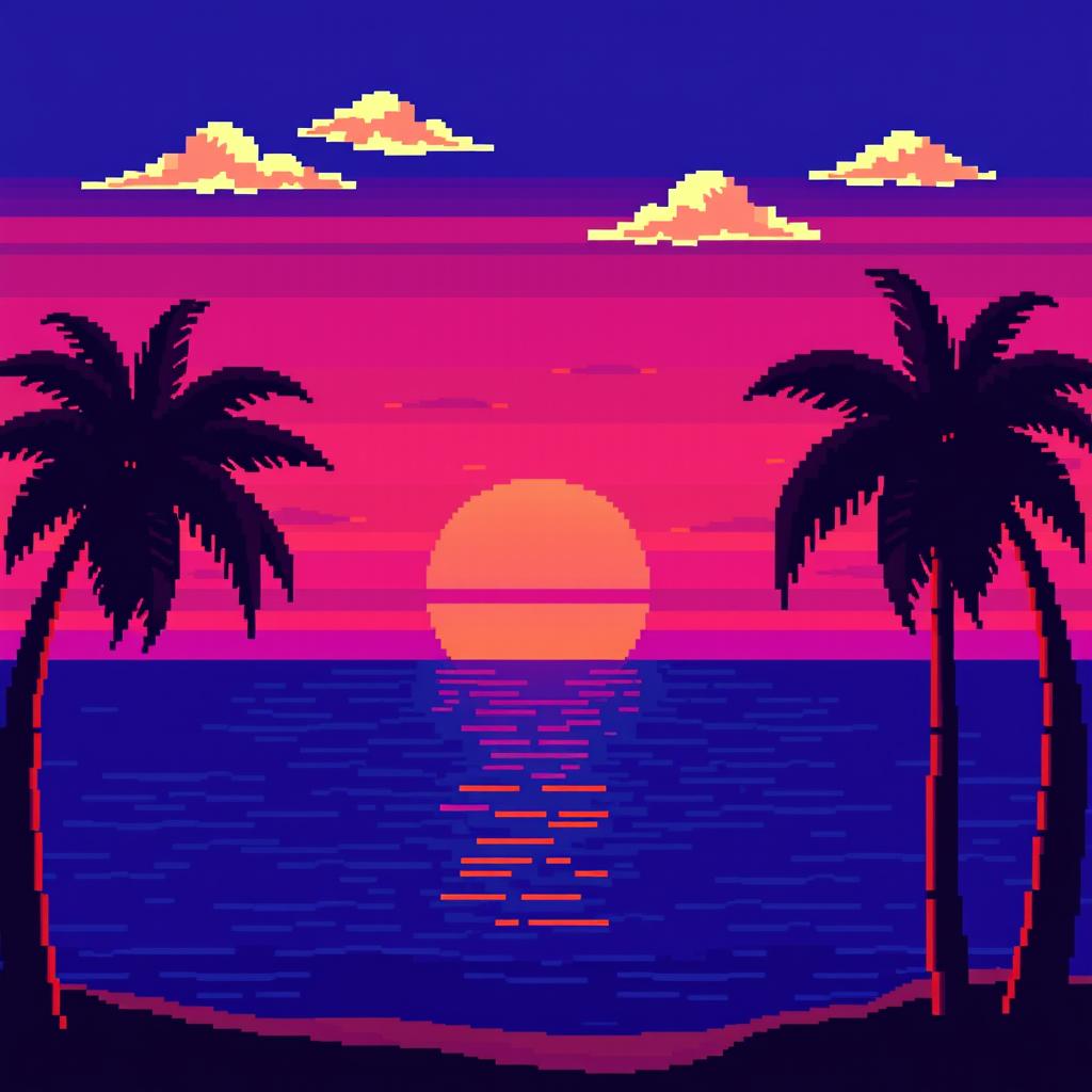 A vibrant pixel art depiction of a sunset, showcasing warm hues of orange, pink, and purple blending into a deep blue sky