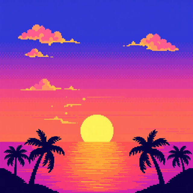 A vibrant pixel art depiction of a sunset, showcasing warm hues of orange, pink, and purple blending into a deep blue sky