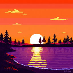 A vibrant pixel art depiction of a sunset, featuring a gradient sky transitioning from deep orange to soft purple hues