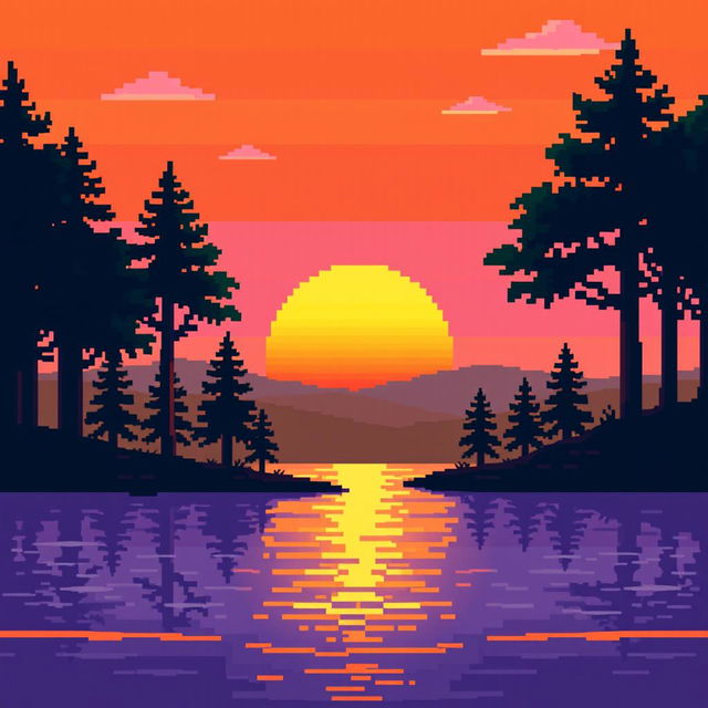 A vibrant pixel art depiction of a sunset, featuring a gradient sky transitioning from deep orange to soft purple hues