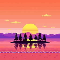 A vibrant pixel art depiction of a sunset, featuring a gradient sky transitioning from deep orange to soft purple hues