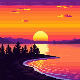 A vibrant pixel art depiction of a sunset, featuring a gradient sky transitioning from deep orange to soft purple hues