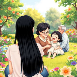 A beautifully crafted, realistic illustration featuring four fictional characters: a straight black-haired woman seen from the back, joyfully observing a grandmother and grandfather with straight black hair as they sit on the grass