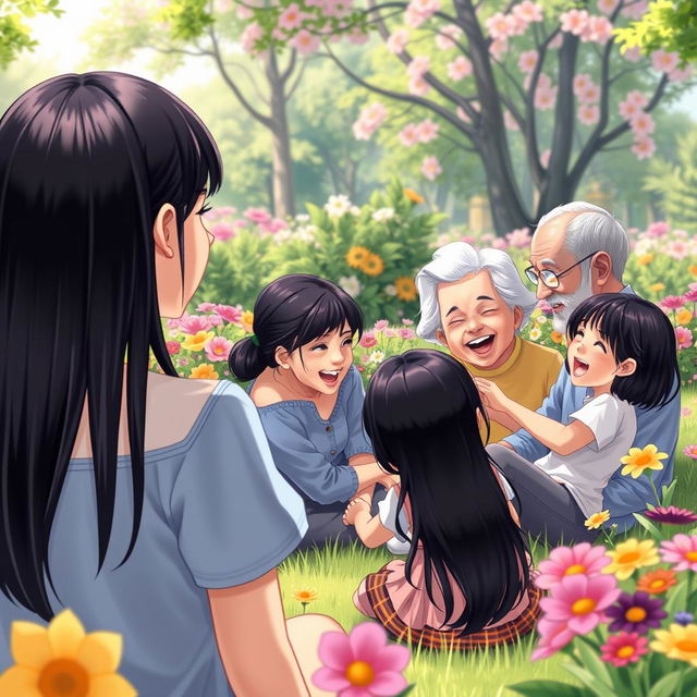 A beautifully crafted, realistic illustration featuring four fictional characters: a straight black-haired woman seen from the back, joyfully observing a grandmother and grandfather with straight black hair as they sit on the grass