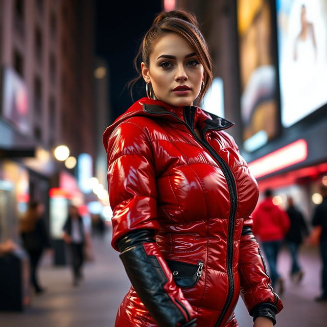 An attractive woman in a tight, shiny red and black puffer suit that elegantly showcases her voluptuous figure and prominent breasts