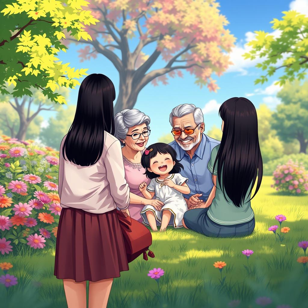 A realistic and vivid illustration featuring four fictional characters: a straight black-haired woman standing in the distance with her back to the viewer, happily observing a grandmother and grandfather with straight black hair