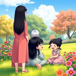 A realistic and vivid illustration featuring four fictional characters: a straight black-haired woman standing in the distance with her back to the viewer, happily observing a grandmother and grandfather with straight black hair