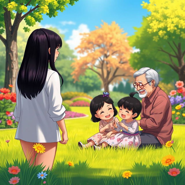 A realistic and vivid illustration featuring four fictional characters: a straight black-haired woman standing in the distance with her back to the viewer, happily observing a grandmother and grandfather with straight black hair