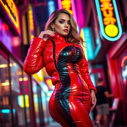 A stunning woman in a tight, shiny red and black puffer suit that perfectly highlights her voluptuous figure and ample breasts