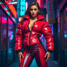 A stunning woman in a tight, shiny red and black puffer suit that perfectly highlights her voluptuous figure and ample breasts