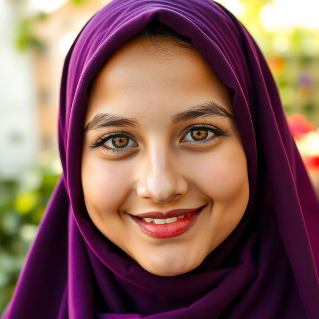 A Muslim female teenager with striking orange eyes, wearing a vibrant purple hijab