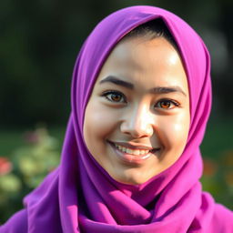 A Muslim female teenager with striking orange eyes, wearing a vibrant purple hijab