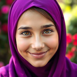 A Muslim female teenager with striking orange eyes, wearing a vibrant purple hijab