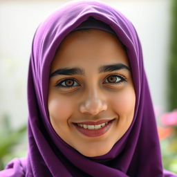 A Muslim female teenager with striking orange eyes, wearing a vibrant purple hijab