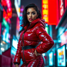 A captivating woman dressed in a fitted, shiny red and black puffer suit that emphasizes her curvy figure and generous breasts