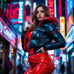 A captivating woman dressed in a fitted, shiny red and black puffer suit that emphasizes her curvy figure and generous breasts