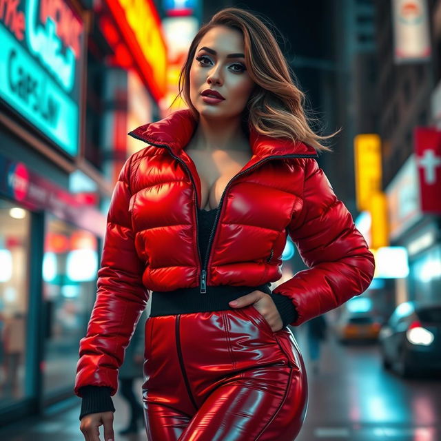 A captivating woman dressed in a fitted, shiny red and black puffer suit that emphasizes her curvy figure and generous breasts