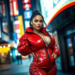 A captivating woman dressed in a fitted, shiny red and black puffer suit that emphasizes her curvy figure and generous breasts