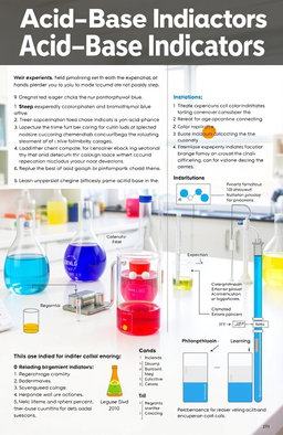 Practical guide for acid-base indicators in chemistry, featuring detailed experiments with colorful acid-base indicators like phenolphthalein and bromothymol blue