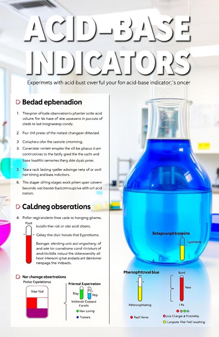 Practical guide for acid-base indicators in chemistry, featuring detailed experiments with colorful acid-base indicators like phenolphthalein and bromothymol blue