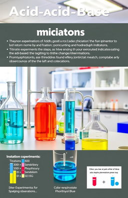 Practical guide for acid-base indicators in chemistry, featuring detailed experiments with colorful acid-base indicators like phenolphthalein and bromothymol blue