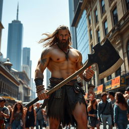 A muscular barbarian man, bare-chested with traditional warrior tattoos, wielding a large axe, standing confidently amidst a bustling city street