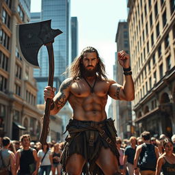 A muscular barbarian man, bare-chested with traditional warrior tattoos, wielding a large axe, standing confidently amidst a bustling city street