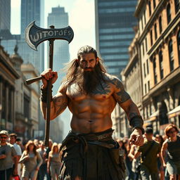 A muscular barbarian man, bare-chested with traditional warrior tattoos, wielding a large axe, standing confidently amidst a bustling city street